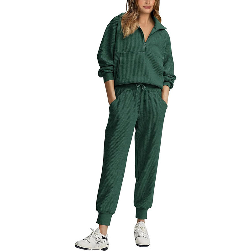 Women’s Tracksuit Set – Ribbed Fabric – Relaxed Fit – Half Zip Top – Drawstring Pants