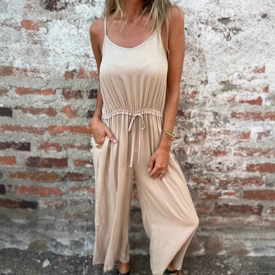 Women’s Jumpsuit – Relaxed Fit – Wide Leg – Sleeveless – Adjustable Drawstring Waist