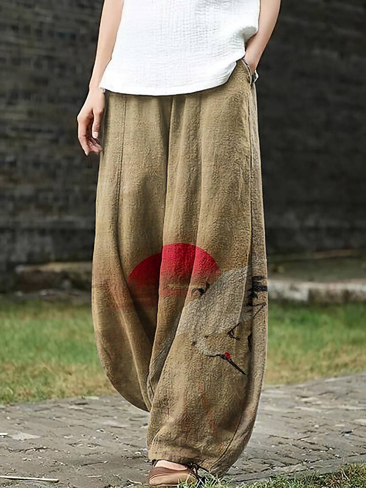 Lilliana | Wide-Leg Red Sun & Crane Pants
