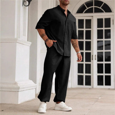 Men’s Casual Set – Cotton Linen Blend – Relaxed Fit – Button-Down Shirt & Trousers
