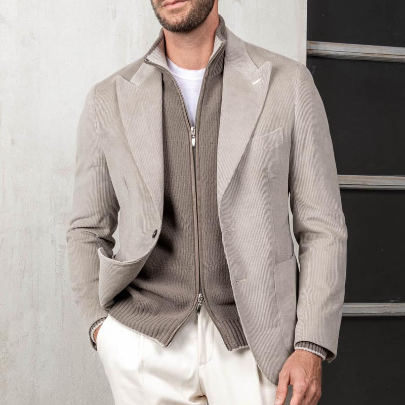 Men’s Blazer – Tailored Fit – Corduroy Texture – Overlapping Collar – Knit Layer