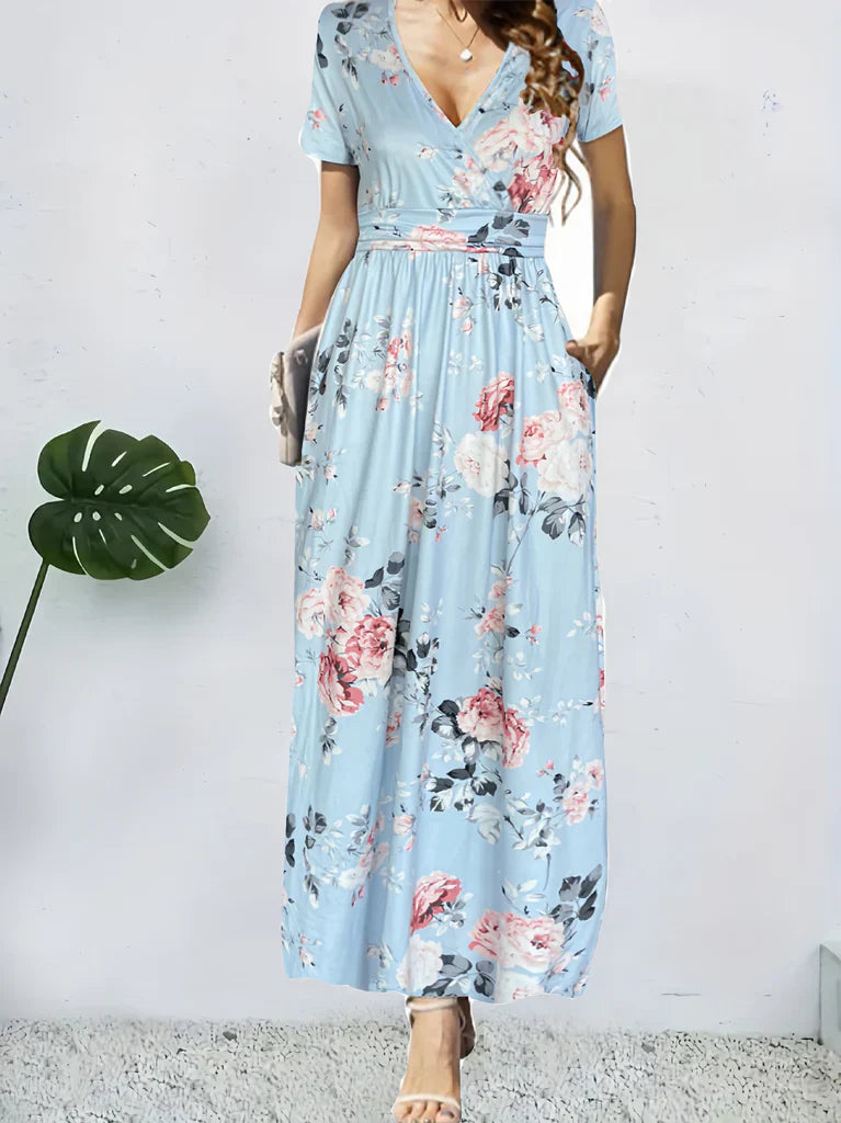 Women’s Wrap Maxi Dress – Floral Print – V-Neck – Cinched Waist – Short Sleeve Flowy Fit