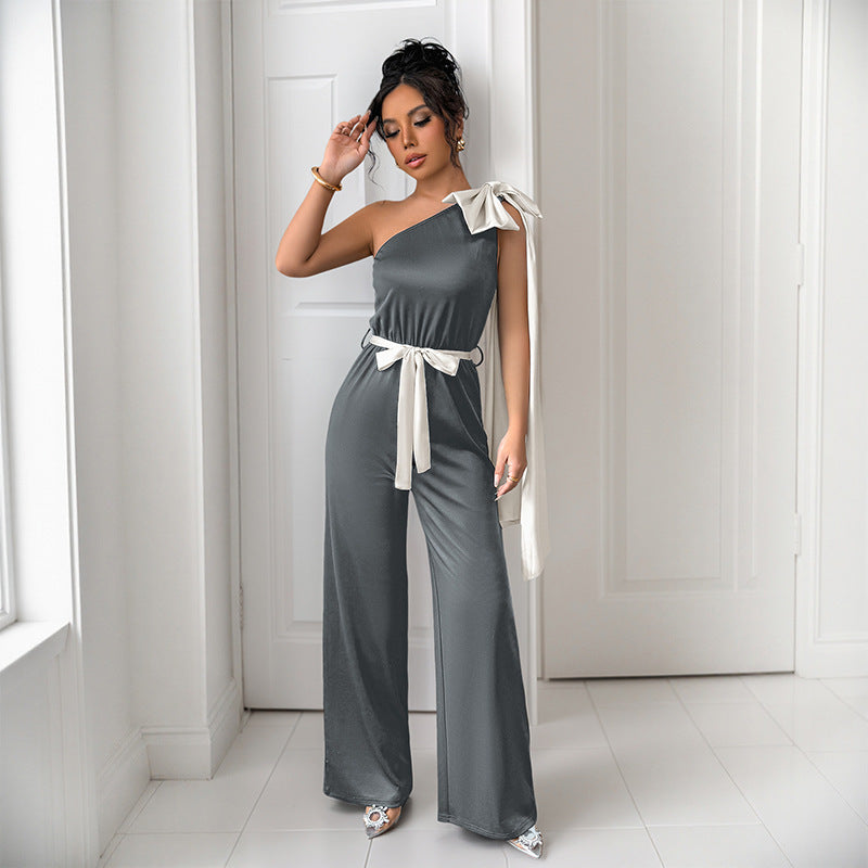 Women’s One-Shoulder Jumpsuit – Satin Texture – Tailored Fit – Bow Shoulder Accent