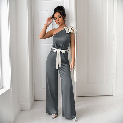 Women’s One-Shoulder Jumpsuit – Satin Texture – Tailored Fit – Bow Shoulder Accent