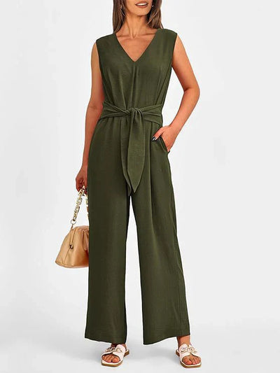 Women’s Jumpsuit – Wide Leg – V-Neck – Sleeveless – Waist Tie – Lightweight Fit