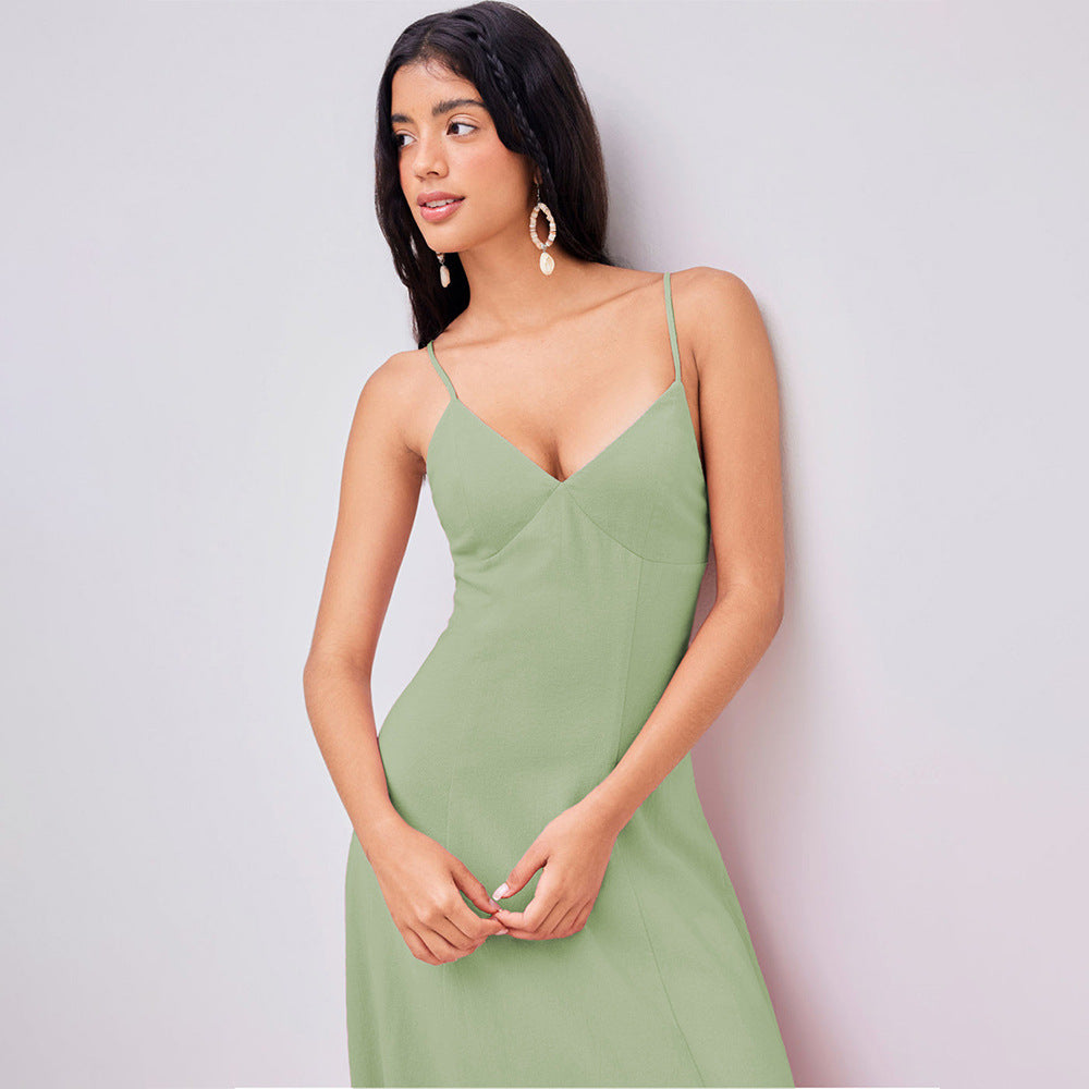 Women’s Maxi Dress – Fitted Bodice – V-Neck – A-Line – Spaghetti Straps – Lightweight