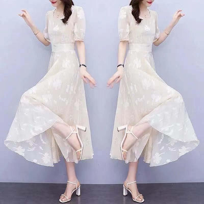 Women's Elegant Midi Dress - Puff Sleeves - Floral Lace Pattern