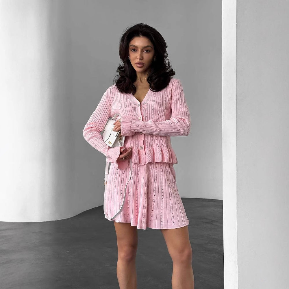 Women’s Knit Set – V-Neck Button Top – Ribbed Texture – Flared Mini Skirt