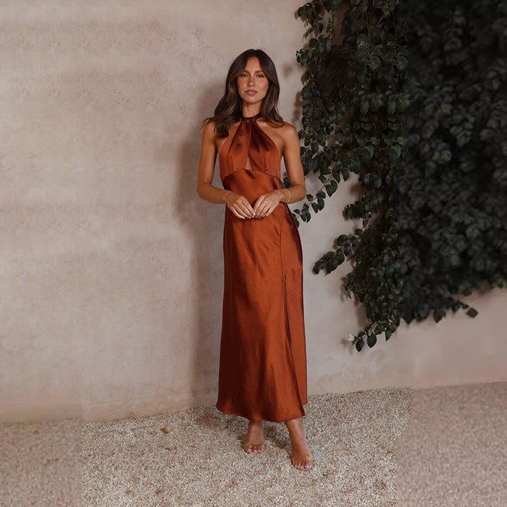 Women’s Halter Dress – Satin – Fitted Waist – Sleeveless – Front Slit – Full Length