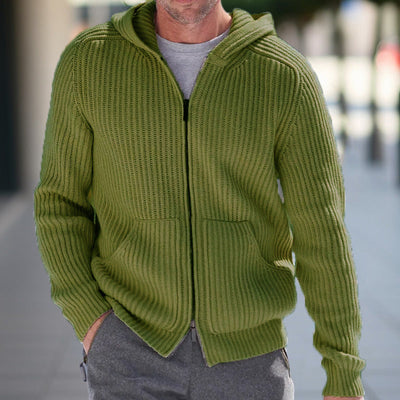 Men’s Knit Cardigan – Hooded – Relaxed Fit – Zipper Front – Ribbed Texture – Casual