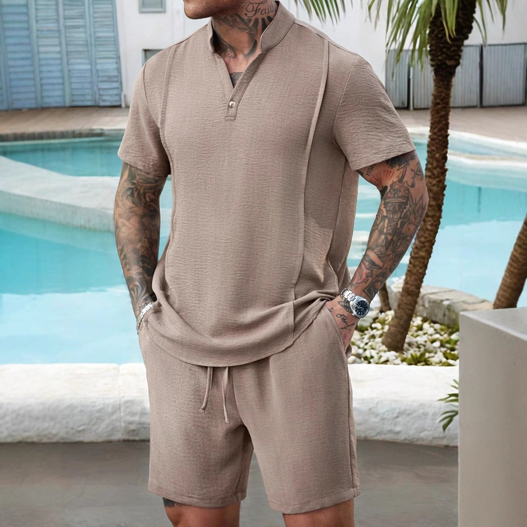 Men’s Henley Shirt and Shorts Set – Breathable Cotton – Relaxed Fit – Casual Outfit