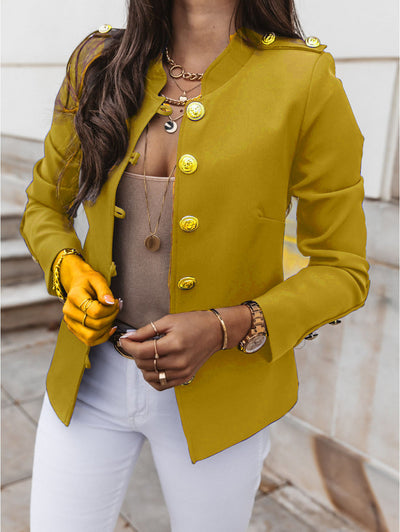 Women’s Blazer – Slim Fit – Gold Button Accents – Mandarin Collar – Structured Short Length