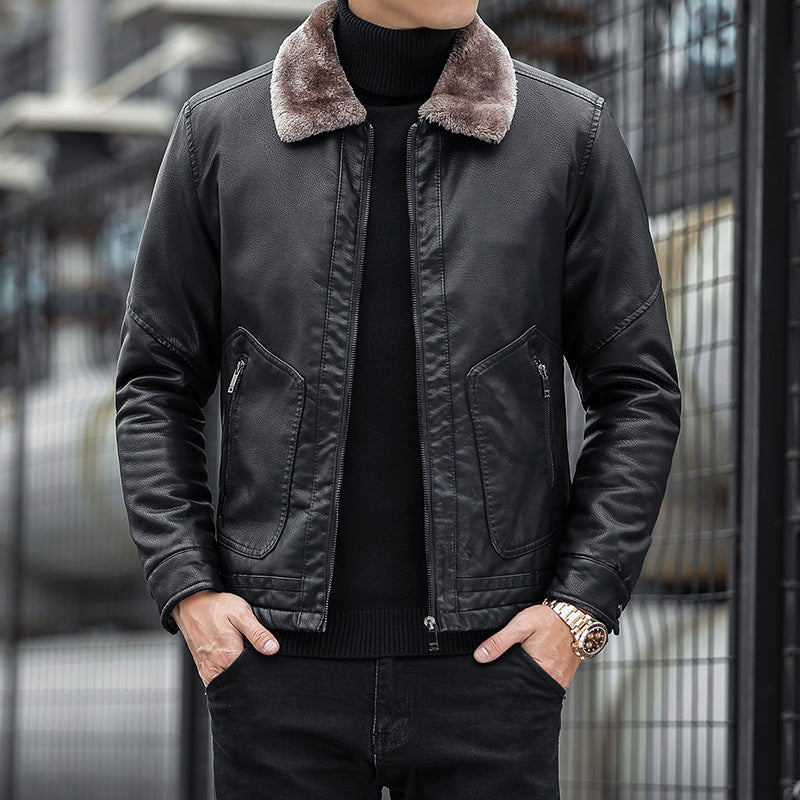 Men’s Leather Jacket – Tailored Fit – Velvet Collar – Zipper Pockets – Structured Style