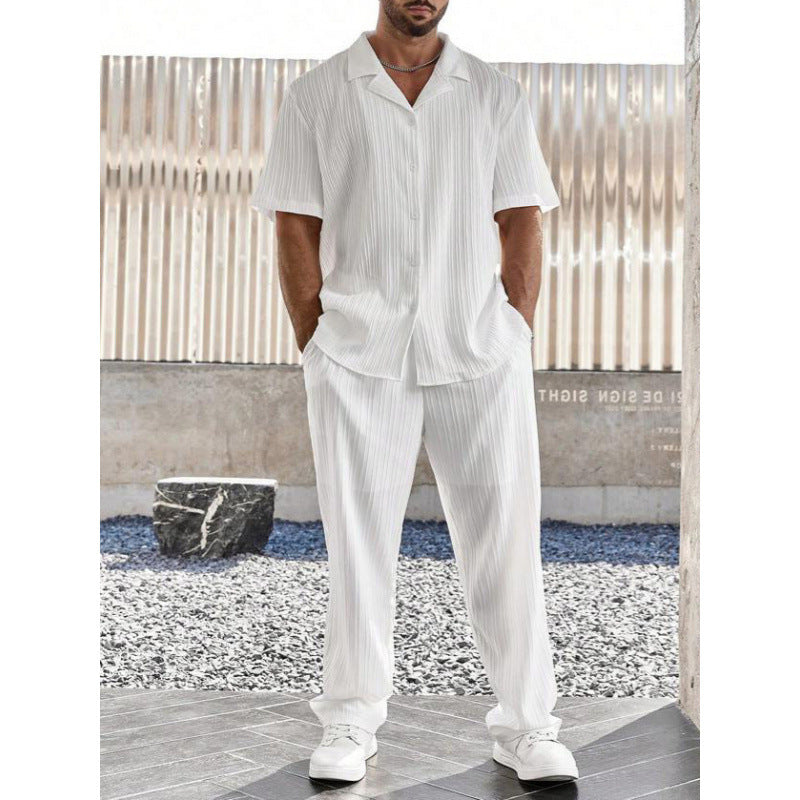 Men’s Casual Set – Button-Up Short Sleeve Shirt & Straight-Leg Pants – Breathable Cotton