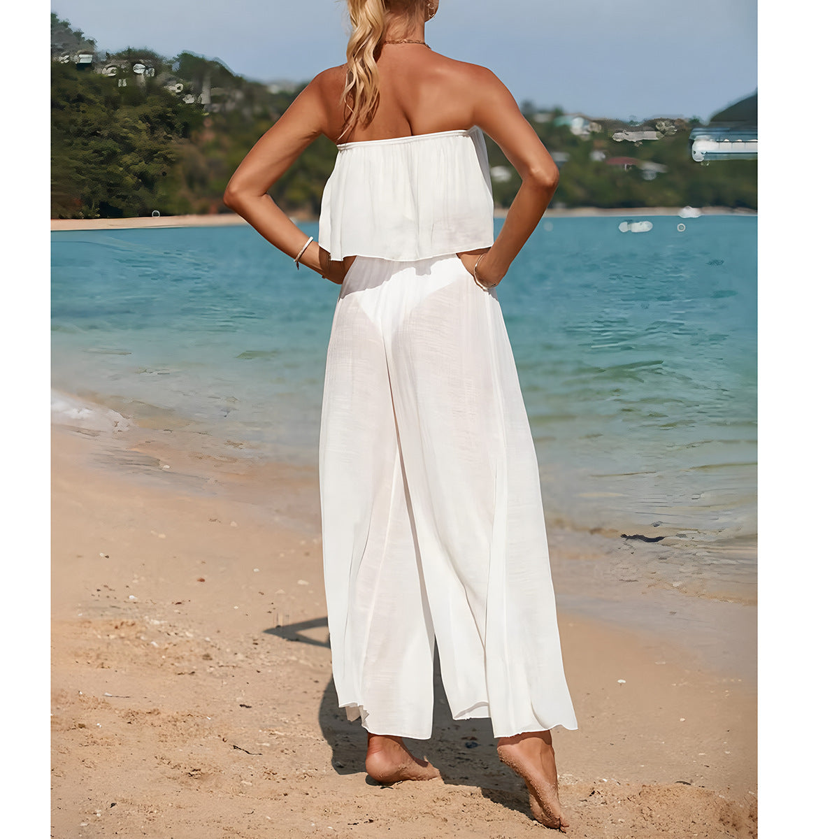 Women’s Two-Piece Set – Strapless Crop Top – High-Waist Wide-Leg Pants – Lightweight