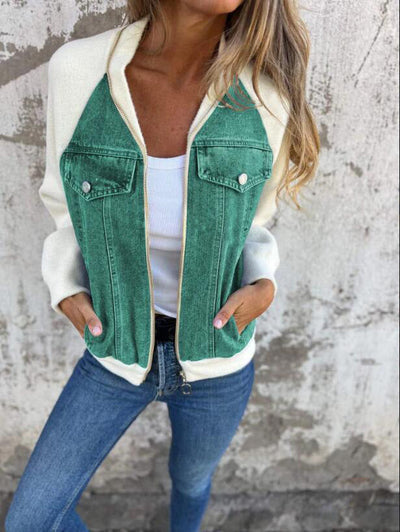 Women’s Bomber Jacket – Wool Blend – Denim Panel Detail – Zip Front – Relaxed Fit