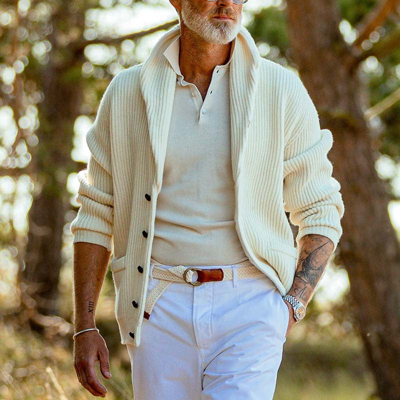 Men’s Cardigan – Wool Knit – Relaxed Fit – Wrap Collar – Button Front – Ribbed Trim