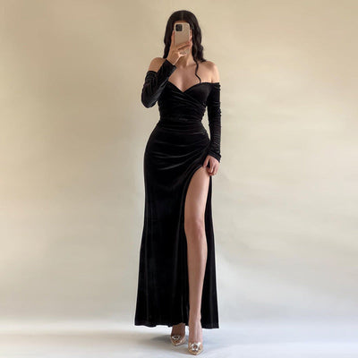 Women’s Long Dress – Velvet – Off Shoulder – Crossover Bust – High Slit – Long Sleeve