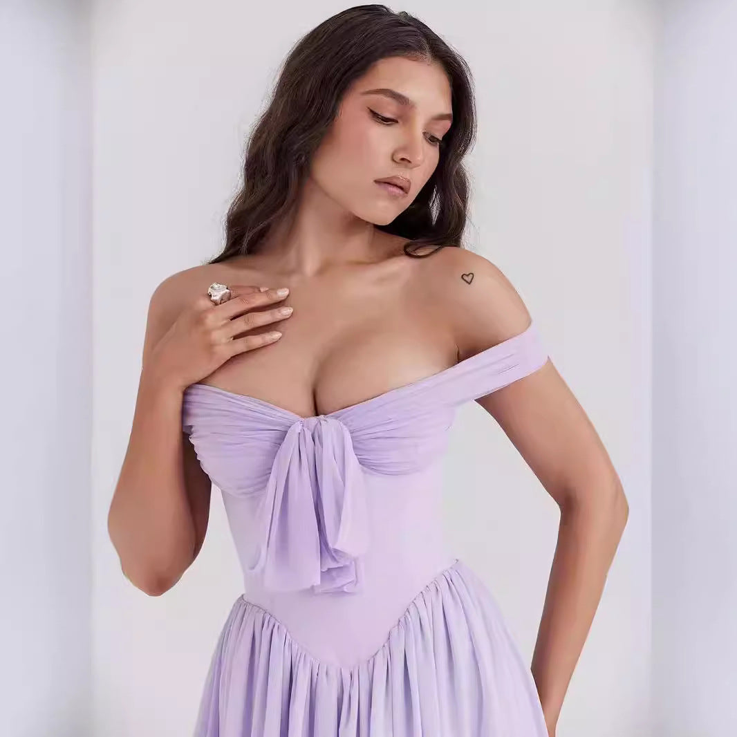 Women’s Mini Dress – Off Shoulder Fit and Flare – Bow Front – Lightweight Elegant Style