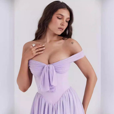 Women’s Mini Dress – Off Shoulder Fit and Flare – Bow Front – Lightweight Elegant Style