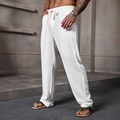 Men’s Casual Pants – Cotton Linen Blend – Loose Fit – Full Length – Drawstring Waist