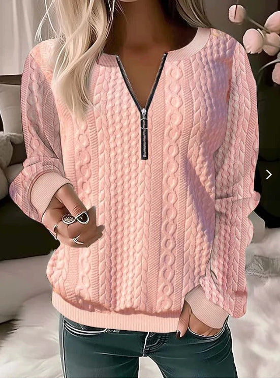 Women’s Knitted Sweater – Wool Blend – Cable Knit – Relaxed Fit – Zip Neckline