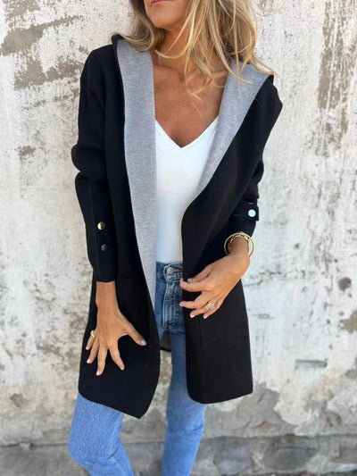 Women’s Hooded Cardigan – Knit Fabric – Relaxed Fit – Contrast Trim – Patch Pockets
