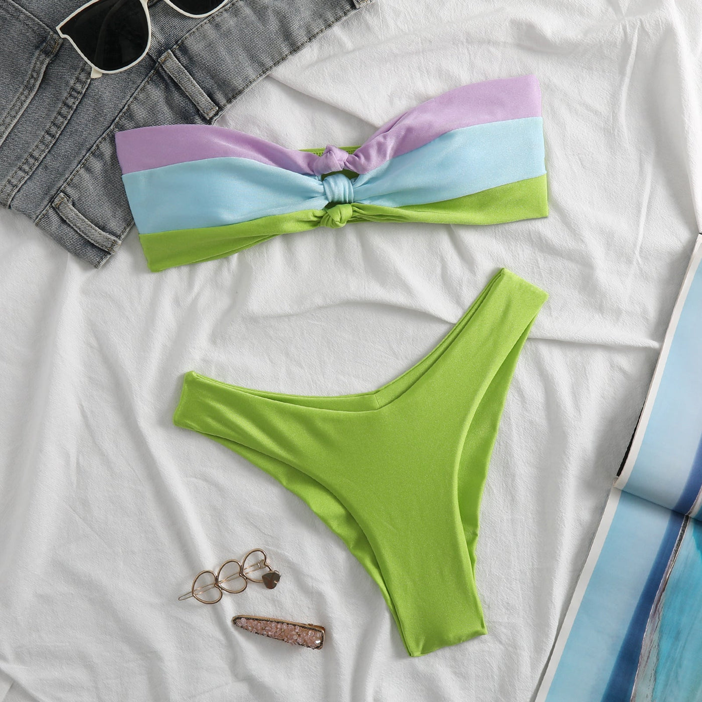 Women’s Bandeau Bikini – Knot Front Top – High-Cut Fit – Stretch Quick-Dry