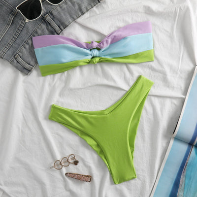 Women’s Bandeau Bikini – Knot Front Top – High-Cut Fit – Stretch Quick-Dry