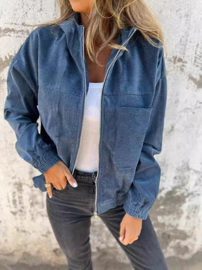 Women’s Hooded Jacket – Corduroy – Relaxed Fit – Zip Front – Waist Length Casual Style