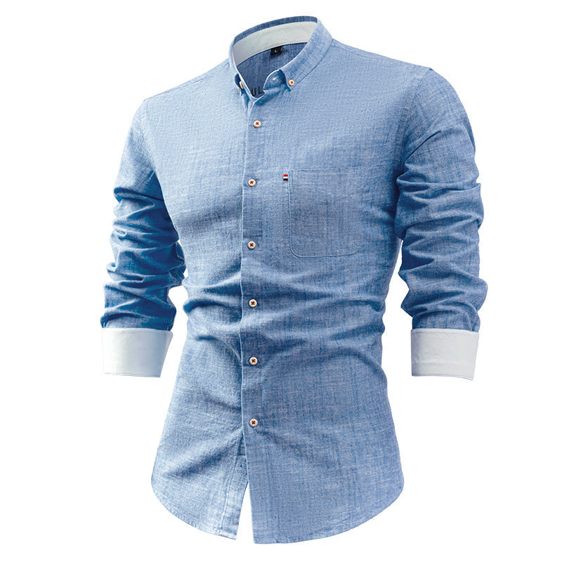 Men’s Button-Up Shirt – Cotton Linen Blend – Slim Fit – Long Sleeve – Point Collar
