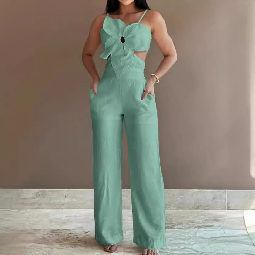 Women’s Jumpsuit – Wide Leg – Spaghetti Straps – Bow Front – Cut-Out Sides – Backless