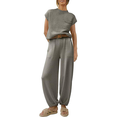 Women’s Knit Sweater Set – Cropped Short Sleeve Top – High Waist Relaxed Pants