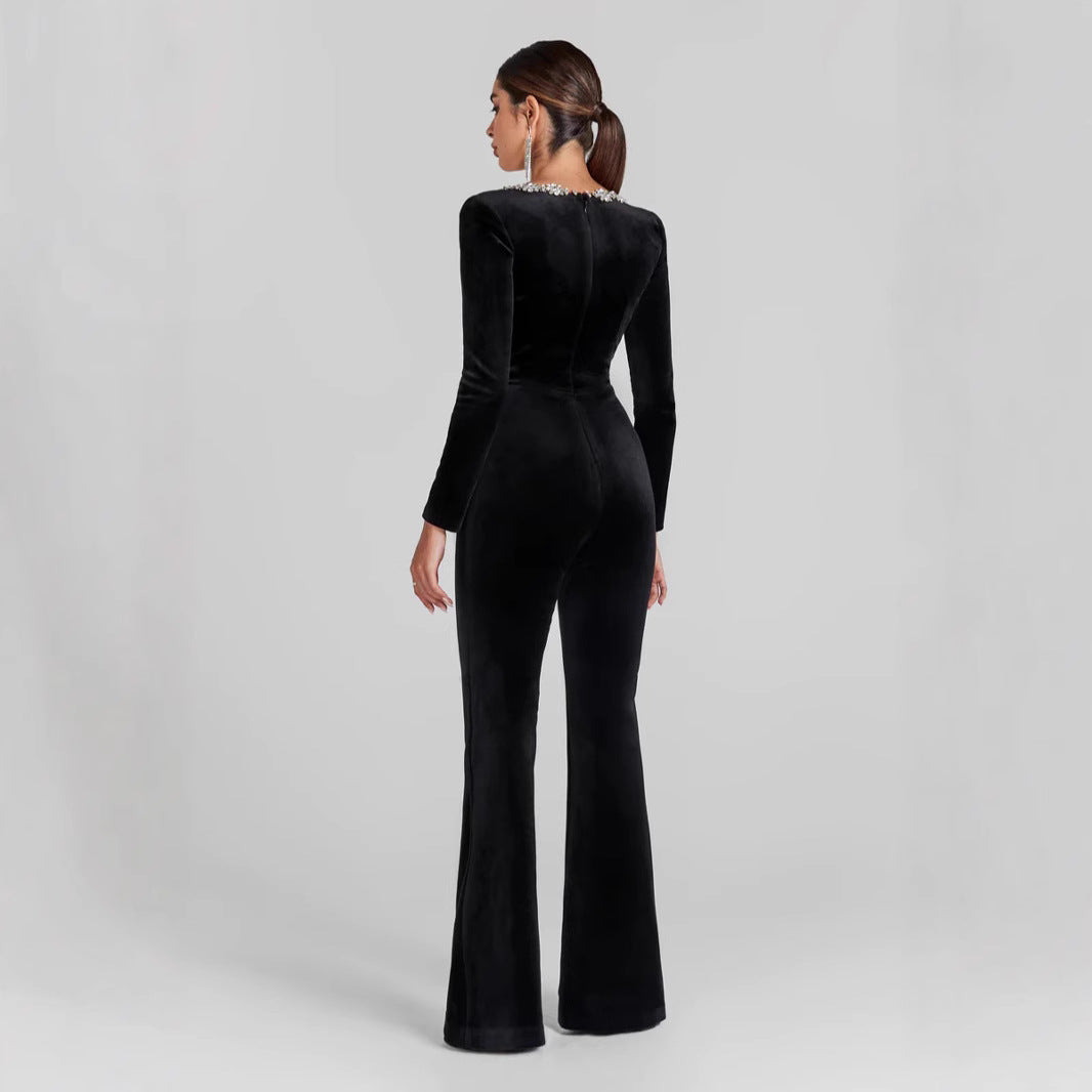 Women’s Jumpsuit – Slim Fit Velvet – Embellished Neckline – Long Sleeve Full Length