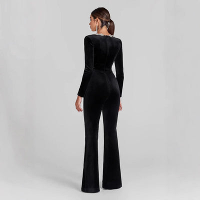 Women’s Jumpsuit – Slim Fit Velvet – Embellished Neckline – Long Sleeve Full Length