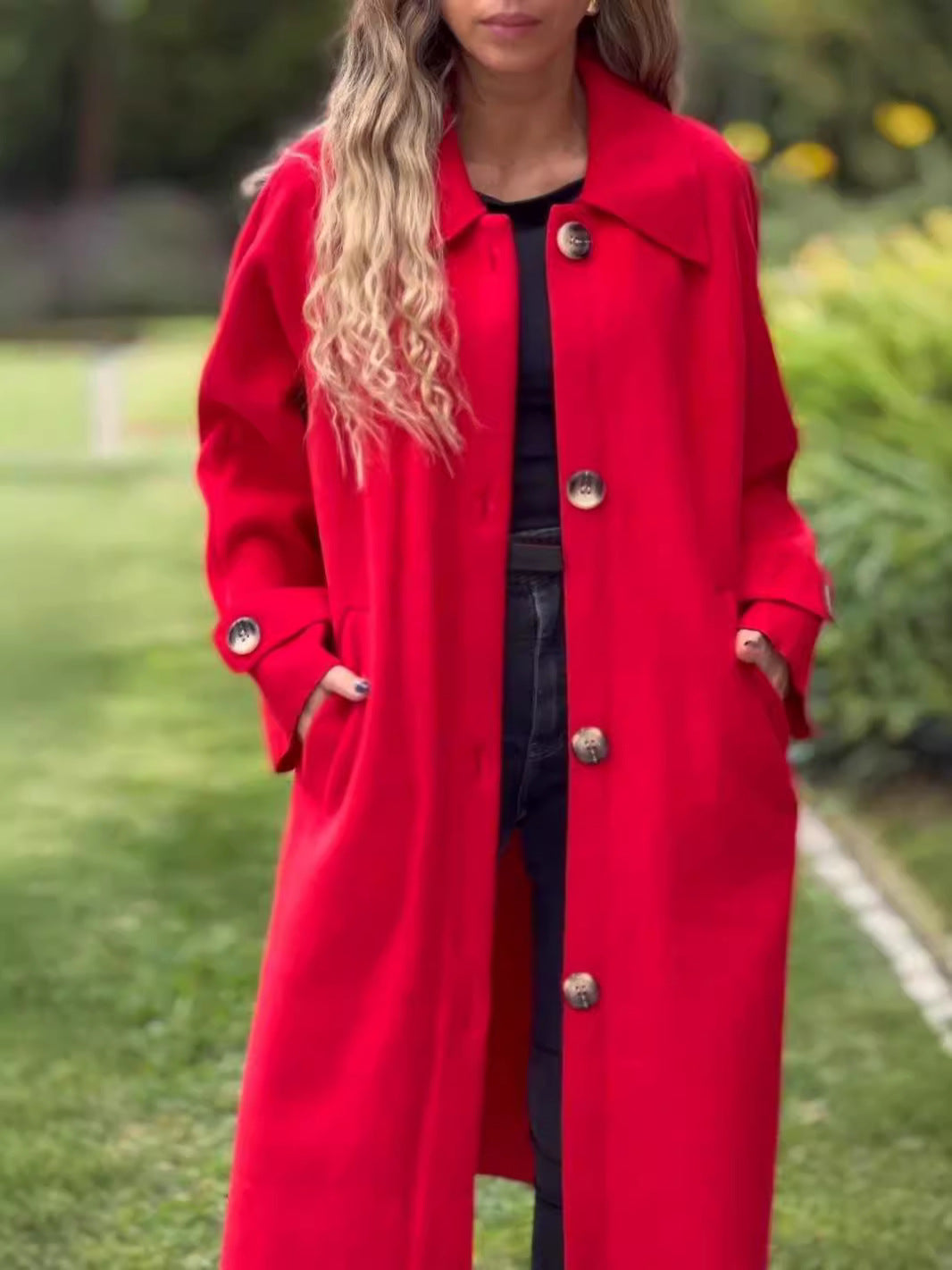 Women’s Long Coat – Wool Blend – Relaxed Fit – Button Front – Full Length