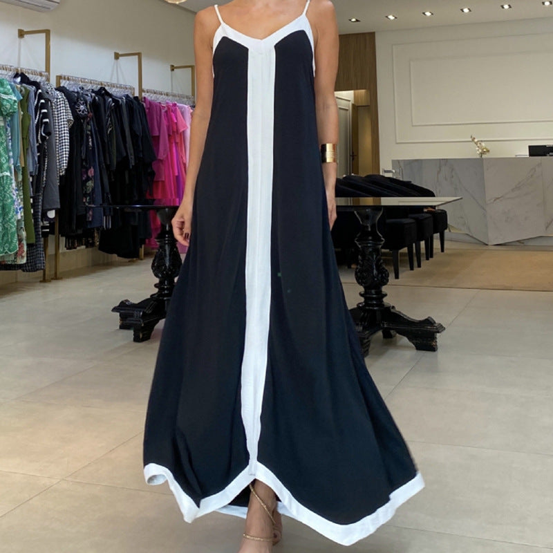 Women’s Maxi Dress – Loose Fit – V-Neck – Thin Straps – Contrast Detail – Flowy Hem