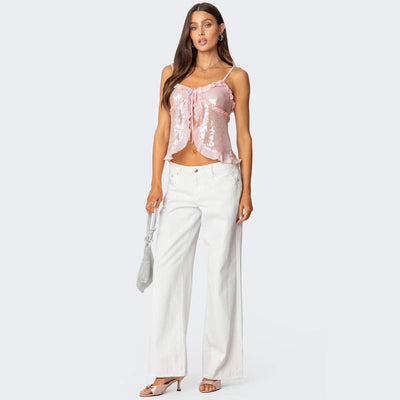 Women’s Crop Top – Sequin Mesh – Halter Neck – Fitted – Ruffle Trim Party Wear