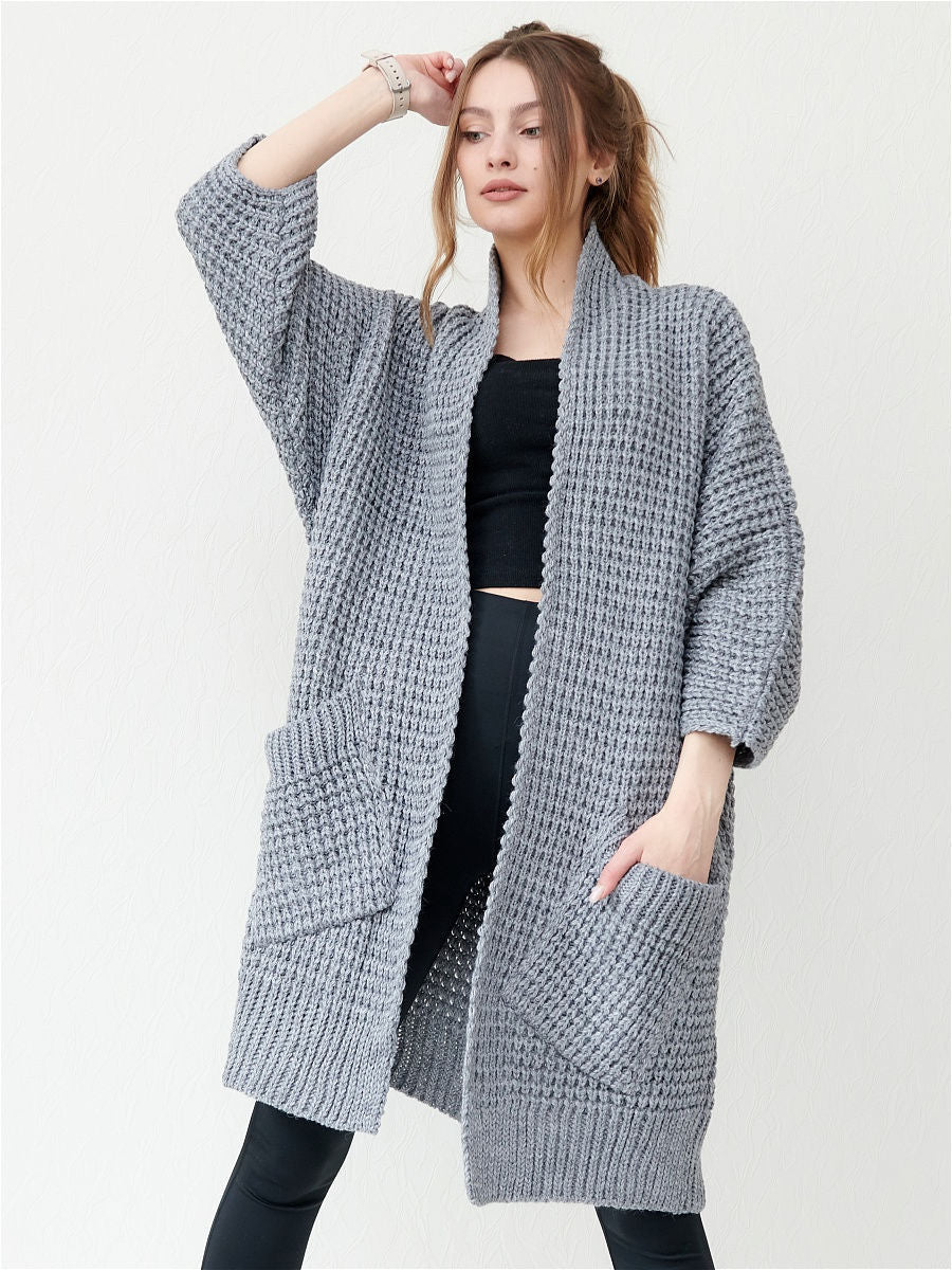 Women’s Knitted Coat – Oversized Fit – Open Front – Chunky Texture – Patch Pockets