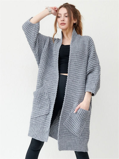 Women’s Knitted Coat – Oversized Fit – Open Front – Chunky Texture – Patch Pockets