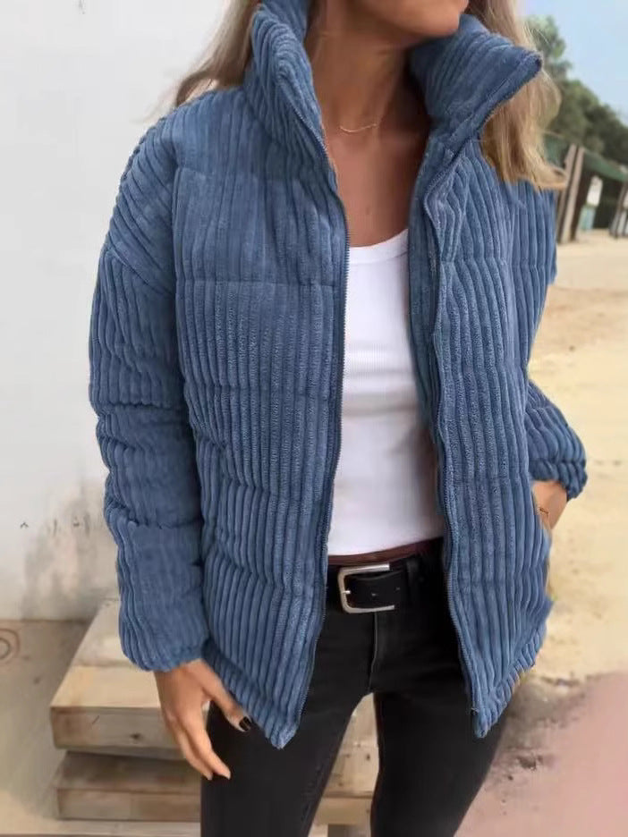 Women’s Corduroy Jacket – Relaxed Fit – Cropped Length – Zip Front – Stand Collar
