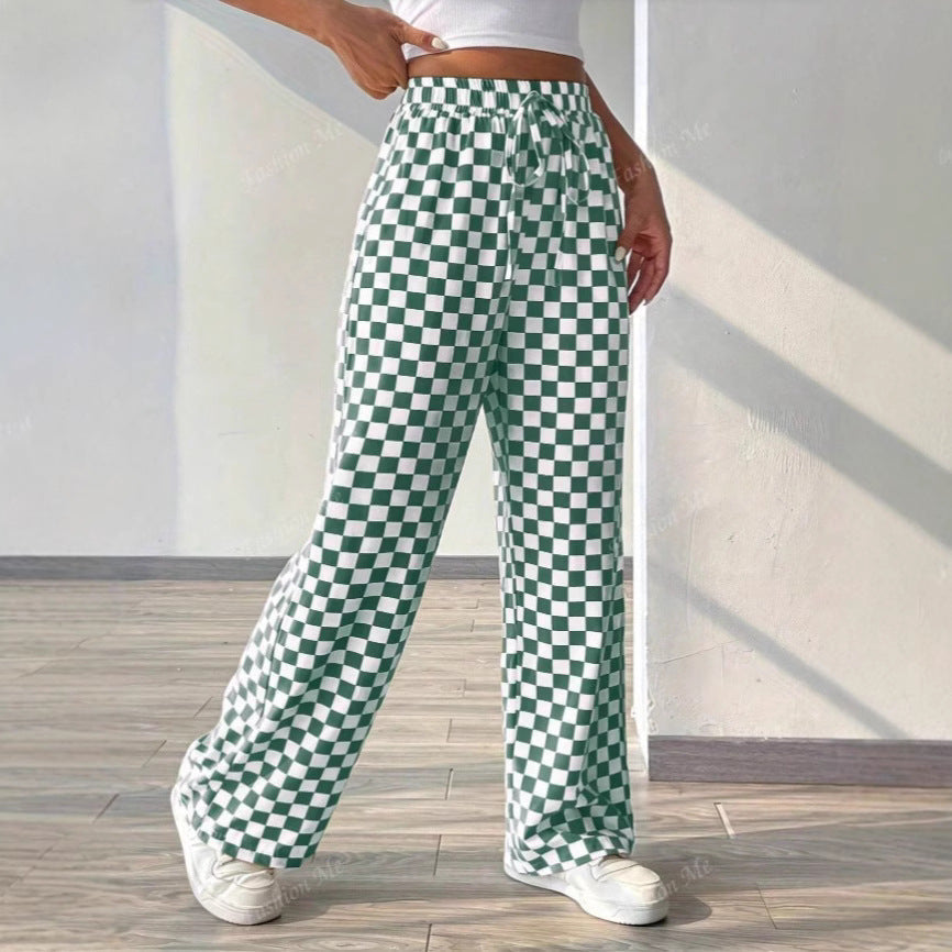 Women’s Trousers – Wide Leg – Relaxed Fit – Checkered Print – Elastic Waist Drawstring