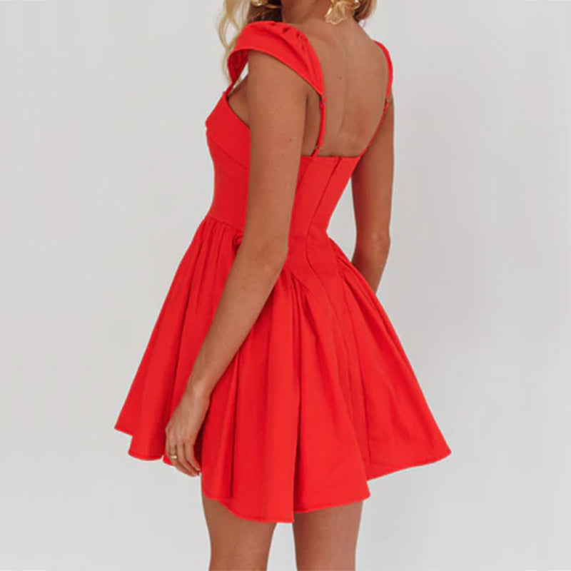 Women’s Mini Dress – Square Neck – Fitted Bodice – Pleated A-Line Skirt – Sleeveless