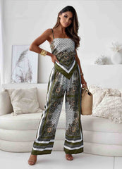 Women’s Jumpsuit – Relaxed Fit – Wide Leg – Spaghetti Straps – Satin Feel – Printed