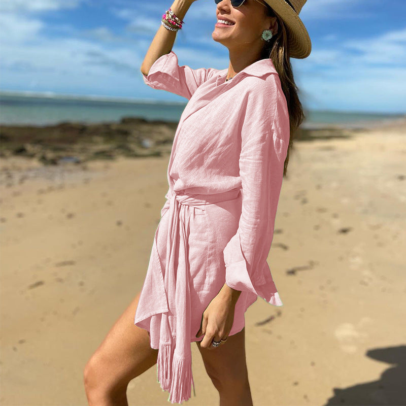 Women’s Wrap Dress – Cotton Linen Blend – Slim Fit – Mini Length – Collared V-Neck