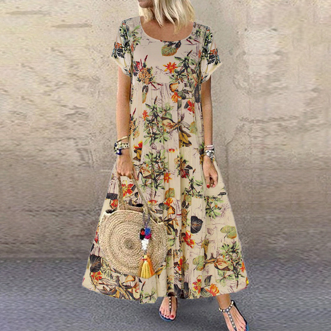 Women’s Maxi Dress – Loose Fit – Floral Print – Short Sleeve