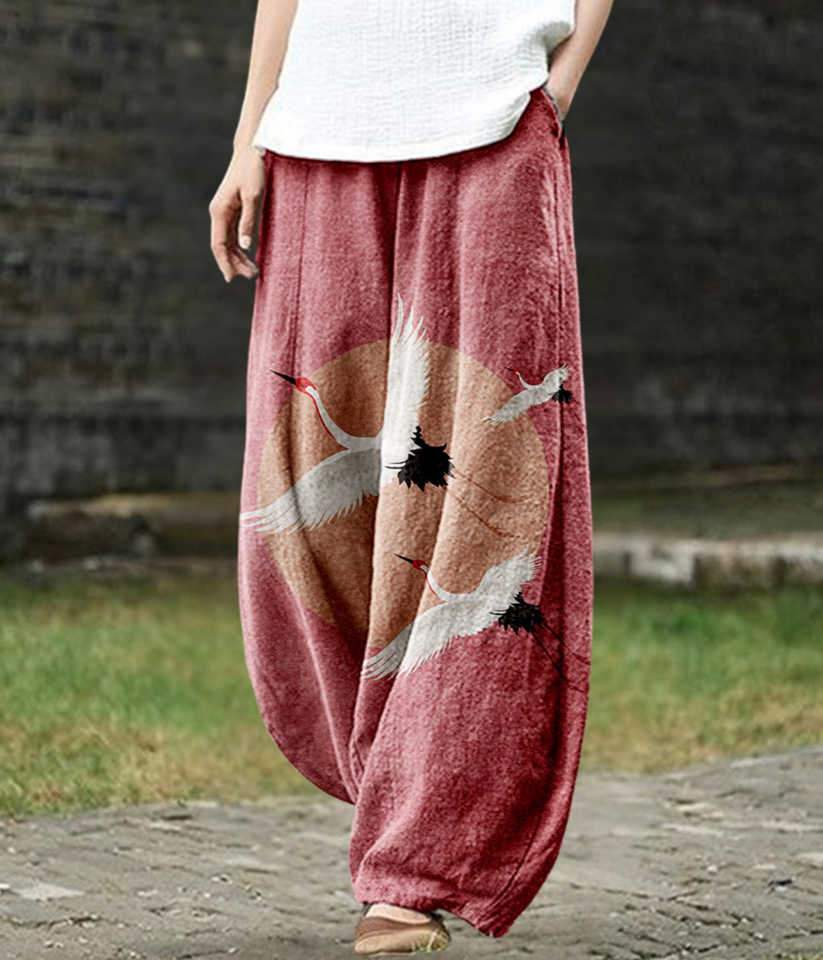 Bella | Wide-Leg Pants with Crane Print
