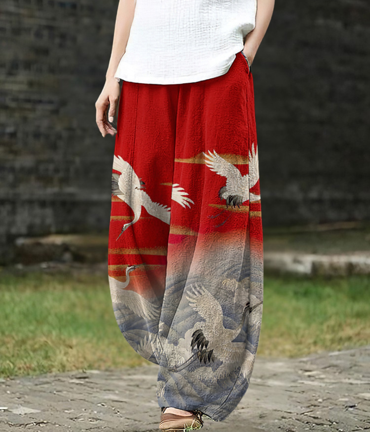 Avant | Wide-Leg Red Crane Pants