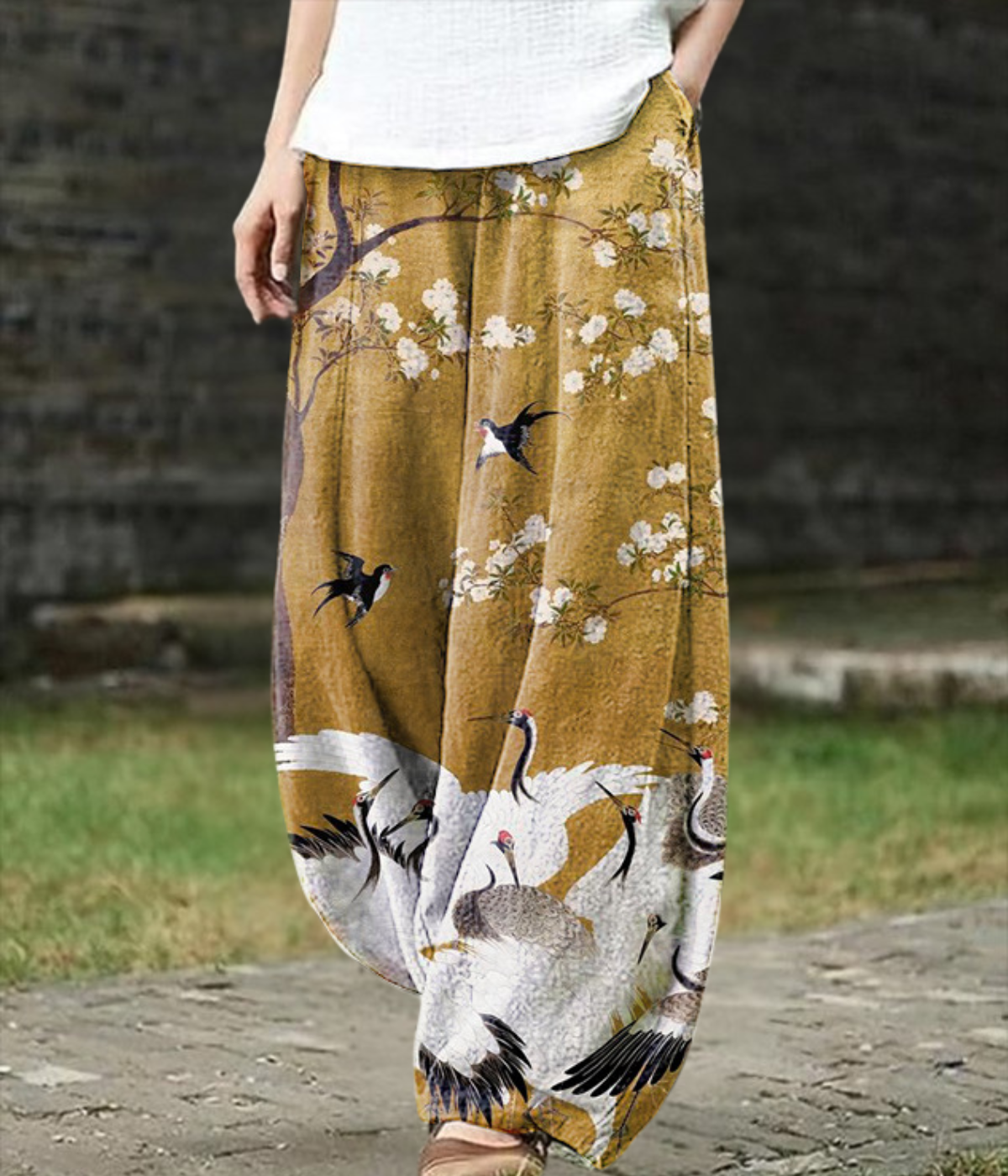 Charlotte | Wide-Leg Pants with Crane and Floral Print