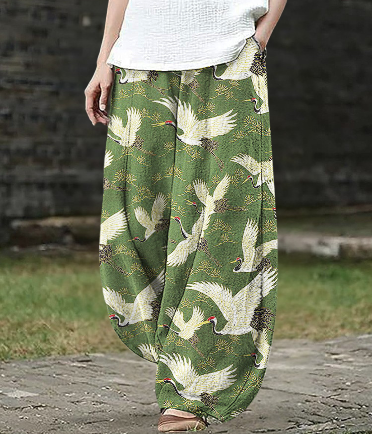 Evelyn | Wide-Leg Pants with Crane Print